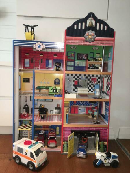 Toy Firehouse - Fully Furnished - includes 3 vehicles & 6 people