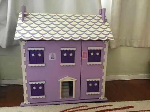 Wooden Dolls House with Furniture and Dolls