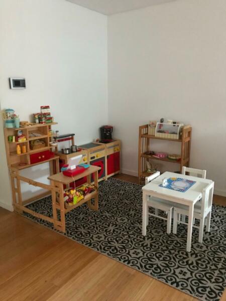 Kids wooden kitchen and cafe with wooden accessories