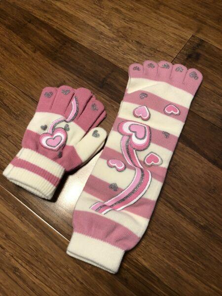 Kids Girls Winter Warm Gloves and Thight Stocking Pink Heart Stripes