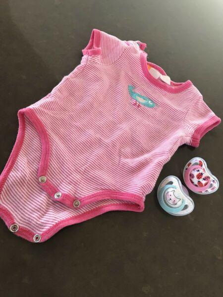 babypatch pink short sleeve romper with 2 new NUK pacifiers dummies