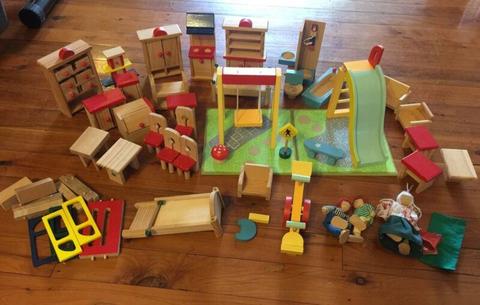 Wooden dolls with furniture play set