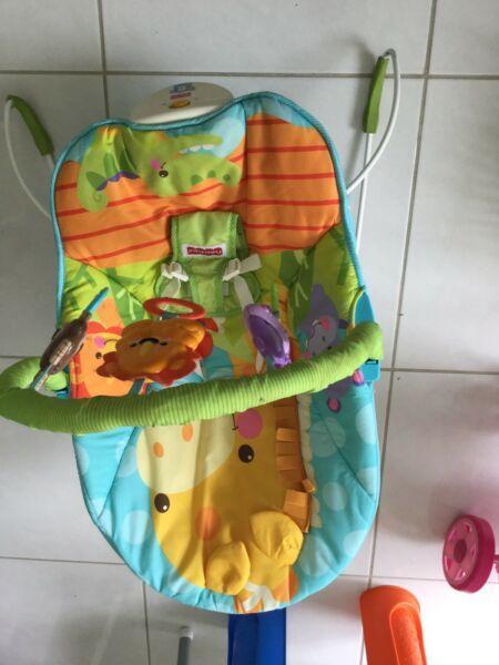 Baby toys, dolls pram , walker, activity table and bouncer chair