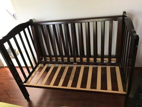 Brown Baby Cot with Mattress and Bedding
