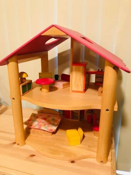 Wooden Doll House with Furniture - EUC