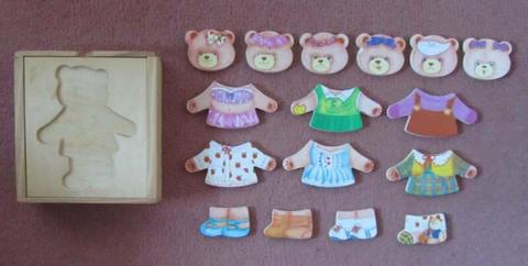 Wooden teddy dress up puzzle mix and match Mrs Bear