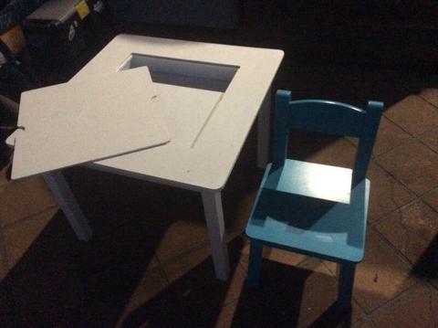 Childs white table with one blue chair