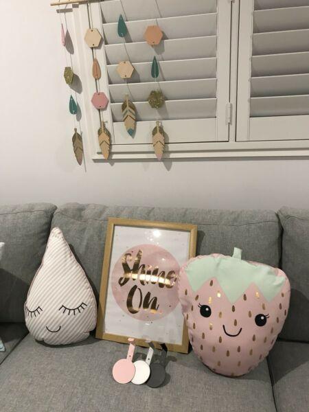 Girls Decor- cushions, wall art, wooden mobile, hanging hooks