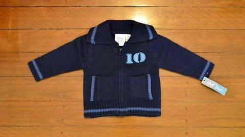 NEW - Boys Designer Wool Blend Knit Zip Up Jumper Size 6-9 months