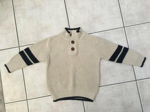 Boys Size 3 Knit Jumper Cream w Blue Trim High Neck Long Sleeves