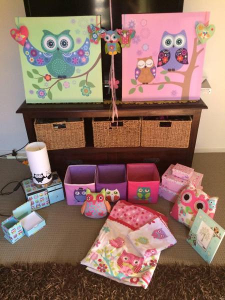 Kids owl items - quilt cover, lamp, pictures, toys, boxes etc
