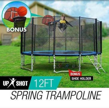 12ft Round Trampoline FREE Basketball Set Safety Net Spring Pad