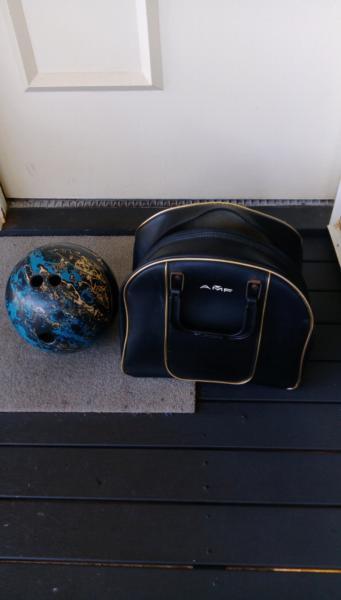 Bowling ball with bag and Milton score card