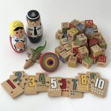 Bundle of wooden toys, Babushka dolls, blocks, puzzle, top etc