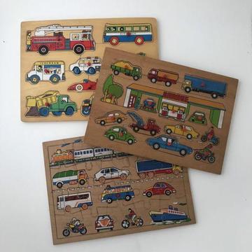 3 x vintage wooden kids' puzzle boards - cars, trucks, vehicles