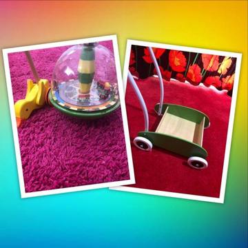 Wooden cart/walker with wooden toys