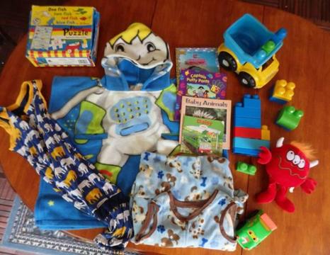 Toddler boy pack, hooded towel, Megablocks, truck, toys, more