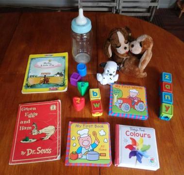 Baby board books, toys, Dalmation rattle, bottle money box, more