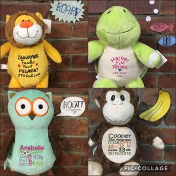 Personalised embroidered stuffed animals, teddy bears, gifts, cubbies