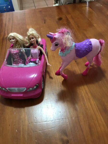 Barbie car, unicorn & dolls