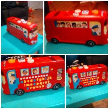 Red bus with alphabet, numbers ect