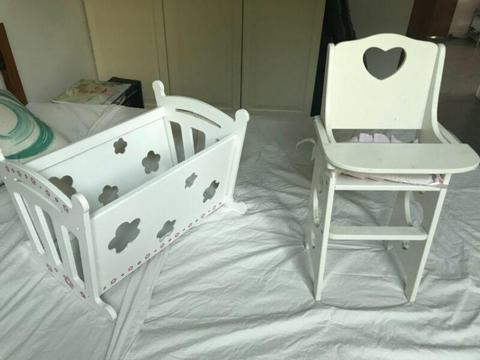 Girls toy high chair and cot