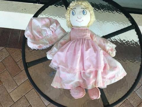 Vintage Large Handmade Hand Made Calico Cloth Doll Pink White Hat