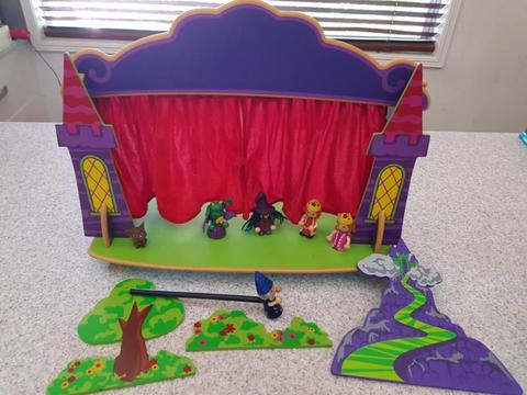 Puppet show stage. With stage, scenery, characters, curtains