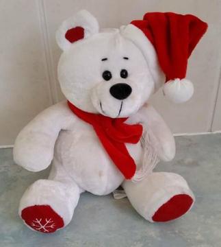 Very Cute White Cuddly teddy bear with Santa hat and scarf