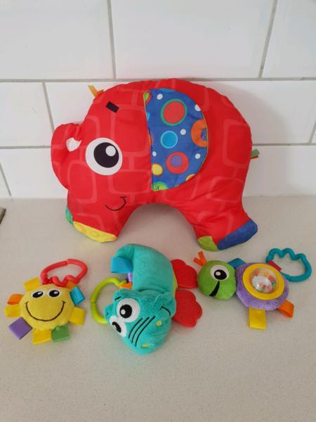 Tummy time pillow, large musical plush and sensory toys x 5