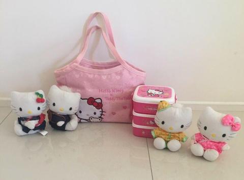 Hello Kitty bag, layered lunchbox and four plush toys