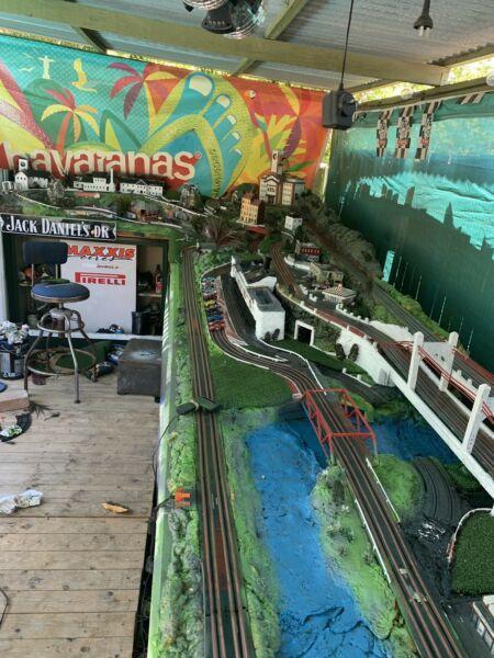 AFX Slot car landscape race track with cars and timing