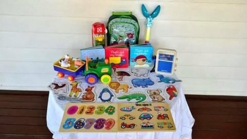 Toddler Toy Bundle: puzzles, tractor, books, etc