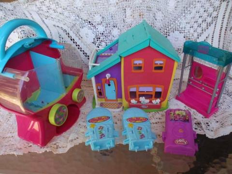 POLLY POCKET HOUSE,CLOTHES DISPENSER, SHOWER & 3 CONTAINERS CLEAN