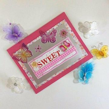 'Sweet' Cerise Birthday Card with Butterflies and Flowers