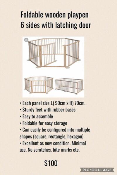 Foldable 6 sided wooden playpen
