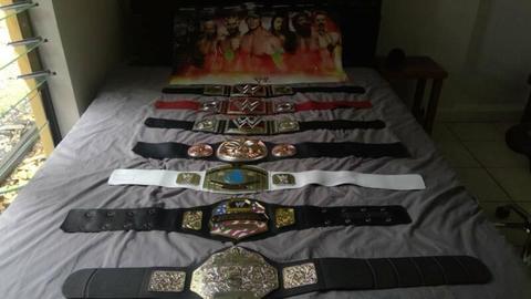 7 wwe world title belts and poster