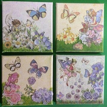 Set of Four 'Garden Fairies' Mixed Media Canvases