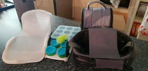 Baby bath seat bottle bag and pram caddy plus food storage contai