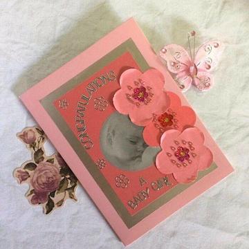 'Congratulations - A Baby Girl' Card on Coral Pink and Silver