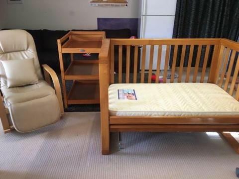 Nursery furniture set. Cot , change table, chair and wardrobe