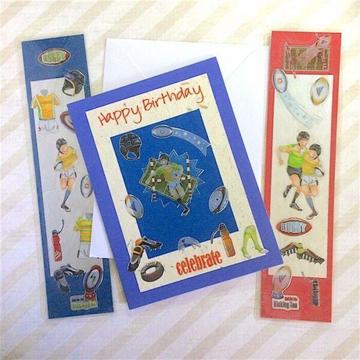 'Happy Birthday' Rugby Themed Blue Card with Two Bookmarks