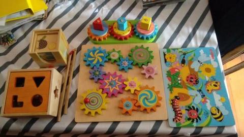 Variety of children's wooden toys