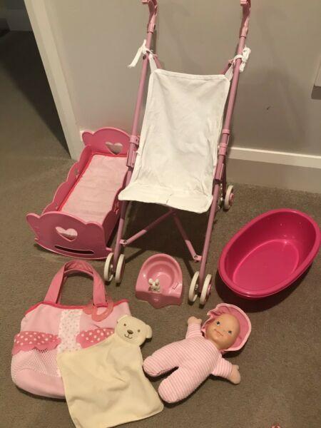 Doll Pram, Cot, Bath, Potty Toilet, soft Baby and bag