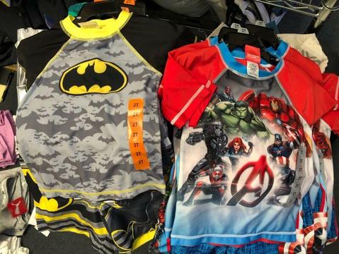 Batman & Avengers swimmers Rashie & Boardshorts sets. Top shorts