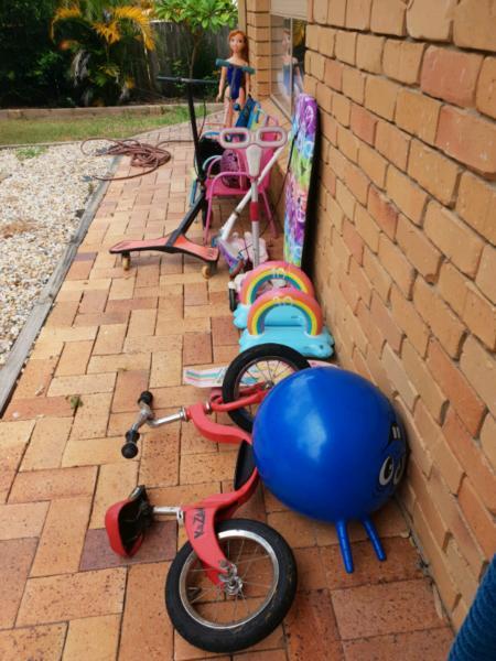 Kids out door gear with red balance bike REDUCED, MAKE AN OFFER