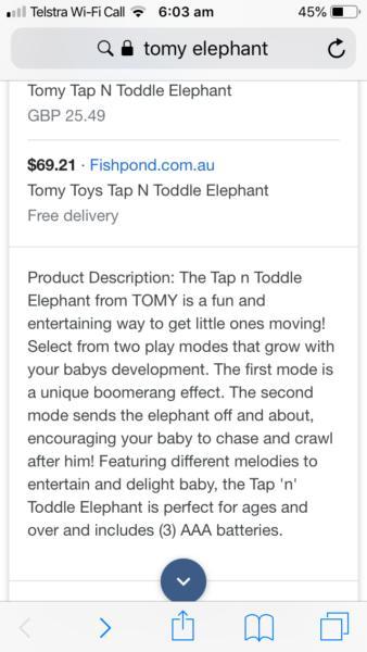 Tomy tap and toddle elephant