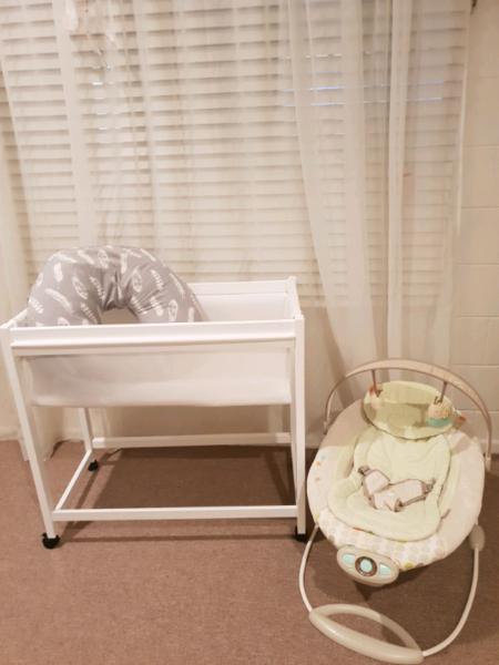 Baby cradle, nursing pillow, bouncer package $120