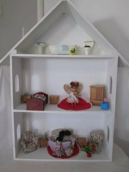 Wooden Doll House Shelf With Furniture And Dolls