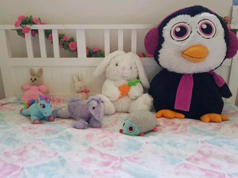 Stuffed toys, unicorn, rabbit, penguin, hedgehog from $2 ea